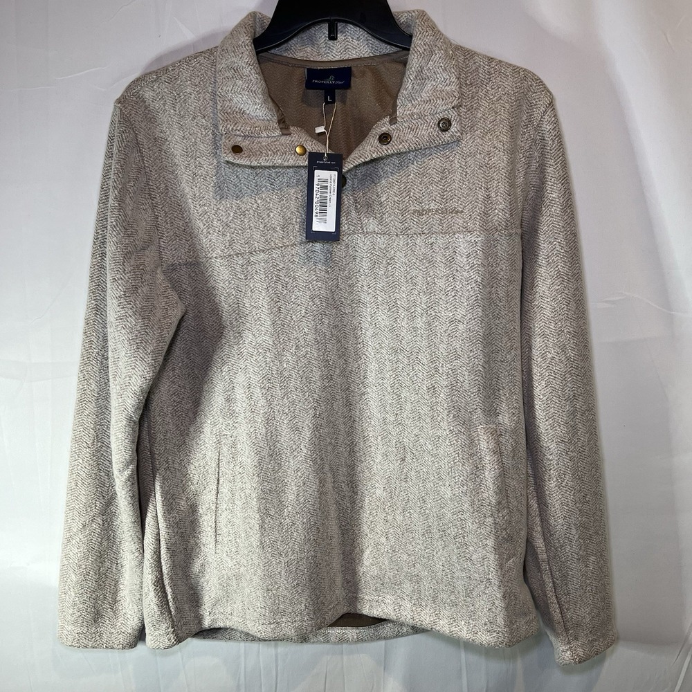 NWT Properly Tied Mens Large Cream 1/4‎ Button Upland Pullover Pockets Brown